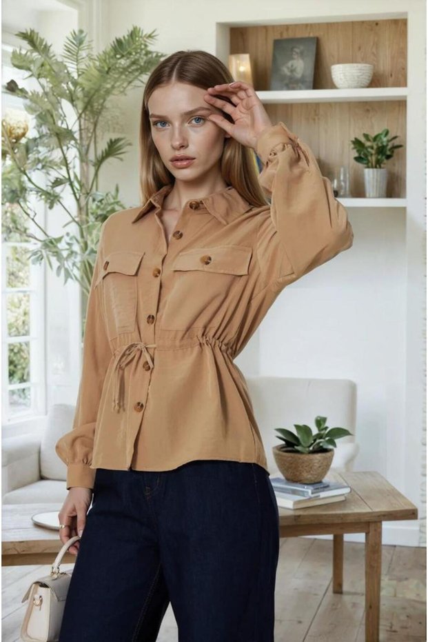 Women's Caramel Kupra Fabric Long Sleeve Waist Ruched Blouse/Shirt 700-3738297
