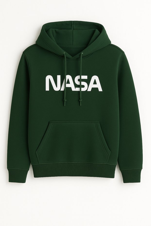 Nasa Printed White Hooded Sweatshirt - Kangaroo Pocket - 3 Thread Ruched Unisex Comfortable Hoodie