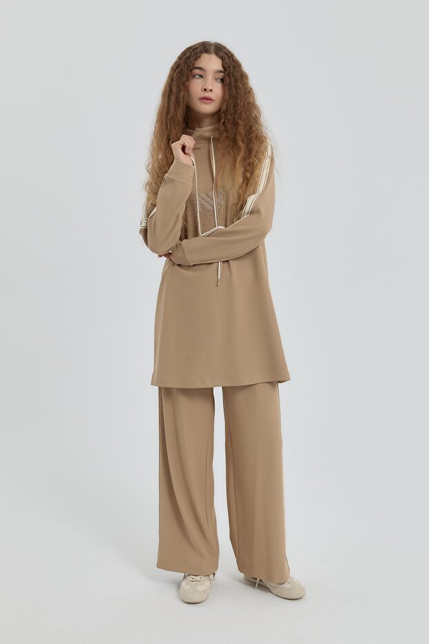 Logolu Örme Pantolon Tunik Takım Camel - 2
