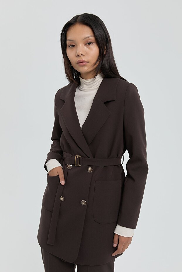 Belted Double-Breasted Jacket Brown - 5