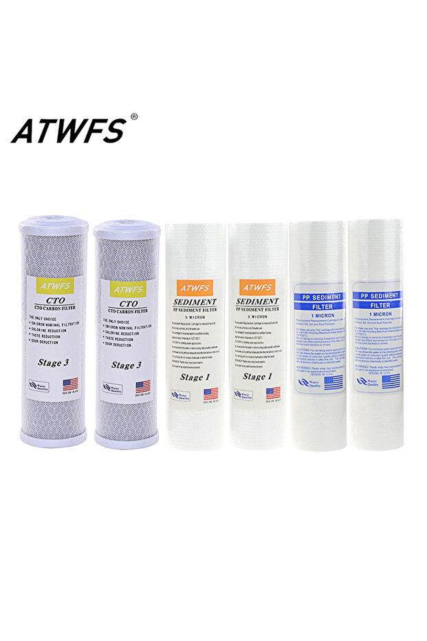 6Pcs ATWFS Water Filter Cartridge 2pcs 5Micron PPF Cotton+ 2pcs 1Micron PPF Cotton+ 2 pcs Activated