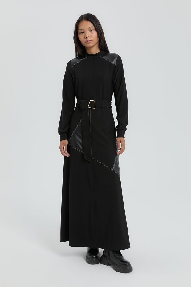 Deri Garnili Örme Elbise Siyah - 1