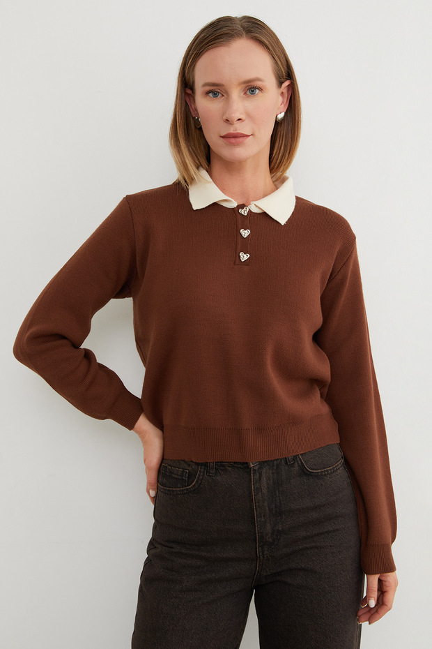 Basic Polo Neck Half Button Knit Sweater - 3