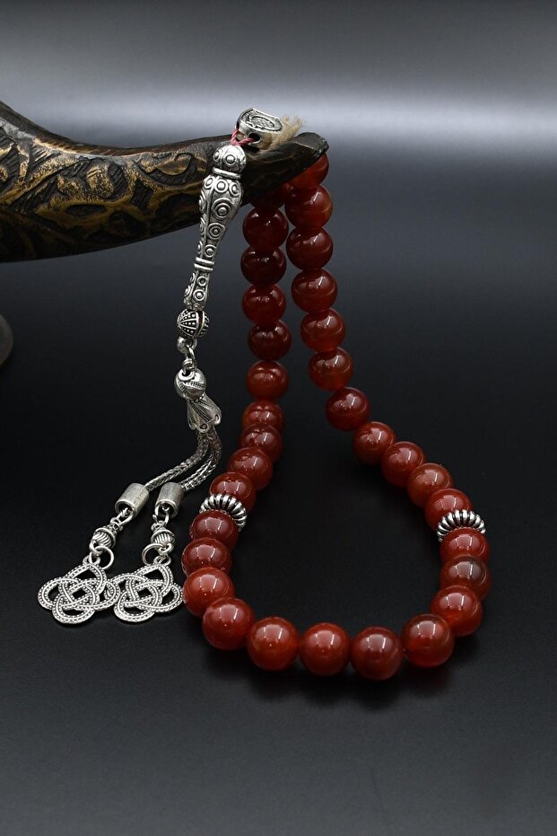 Natural Agate Stone 33-Bead Prayer Beads with Metal Tassel 10mm Sphere Cut 902242