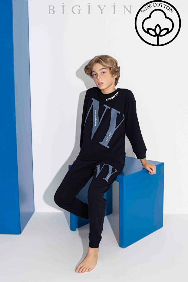 Siyah İnterlok Erkek Çocuk Pijama Takımı Kışlık Pijama Genç Pijama Takımı %100 Pamuk Kaliteli Pijama - 3