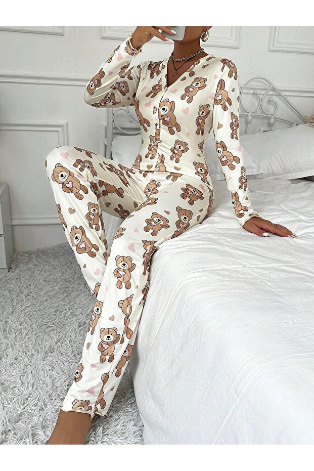 بدلة نوم طويلة منقوشة على شكل دمية دب - 3