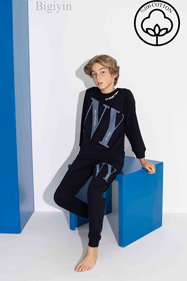 Siyah İnterlok Erkek Çocuk Pijama Takımı Kışlık Pijama Genç Pijama Takımı %100 Pamuk Kaliteli Pijama - 2
