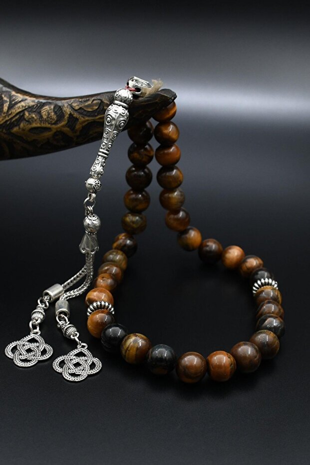 Natural Tiger's Eye Stone 33-Bead Rosary with Metal Tassel 10mm Sphere Cut 902239