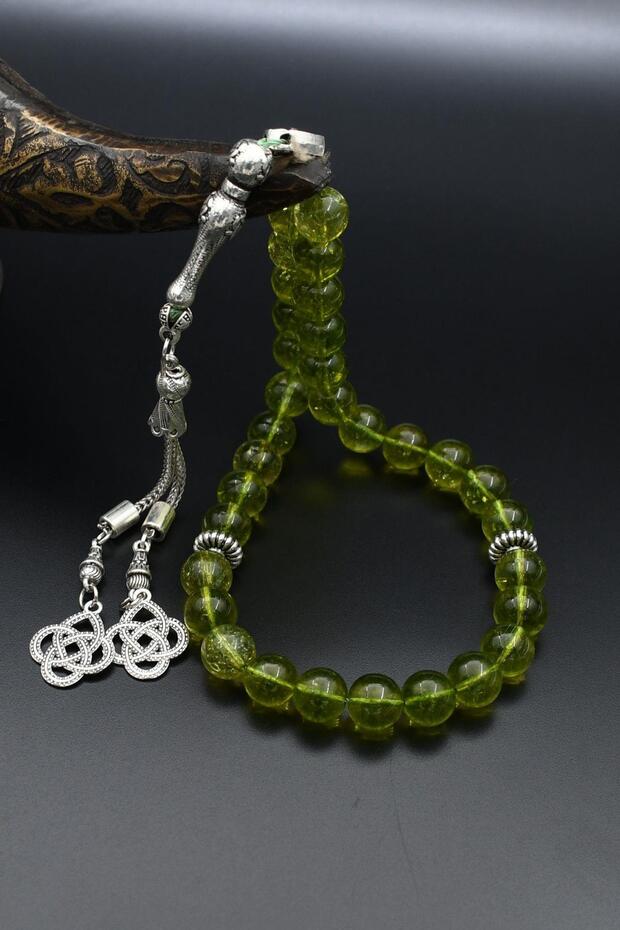 Natural Peridot Stone 33-Bead Rosary with Metal Tassel 10mm Sphere Cut 902256