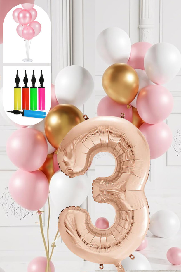 3 Year Old Balloon Set with Stand and Pump, Retro Gold Pink White Balloon Set, Rose Gold Number Decoration