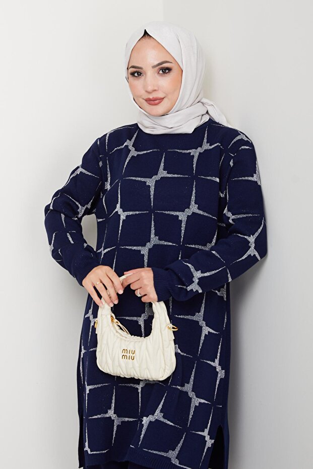Women's Navy Blue Long Sleeve Patterned Hijab Knitwear Tunic