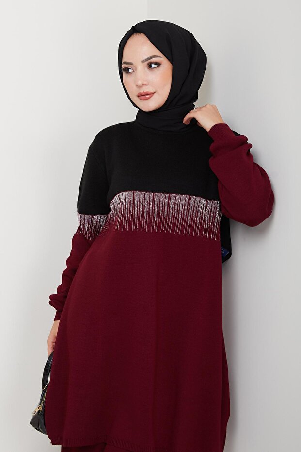 Women's Burgundy Smoked Glitter Patterned Knitwear Tunic – Long Sleeve Comfortable Fit