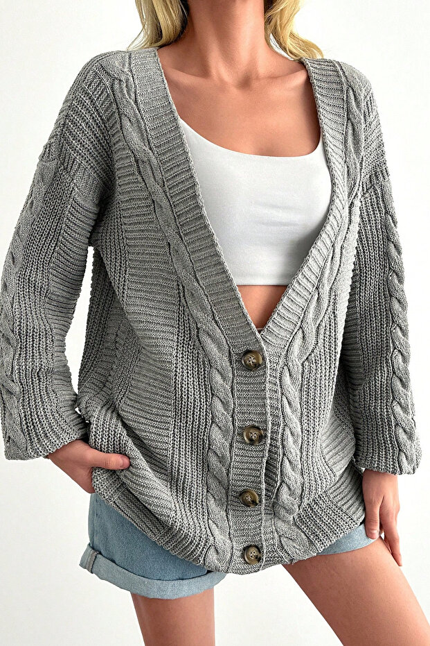 Women's V-Neck Gray Knitwear Cardigan
