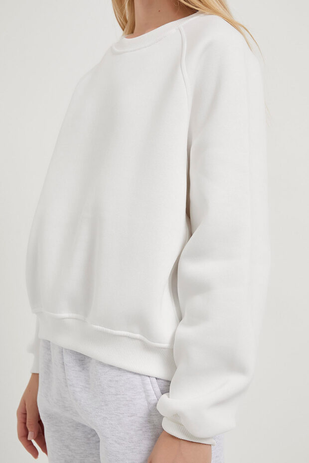 Kadın Biyeli Bisiklet Yaka Beyaz Basic Sweatshirt - 4