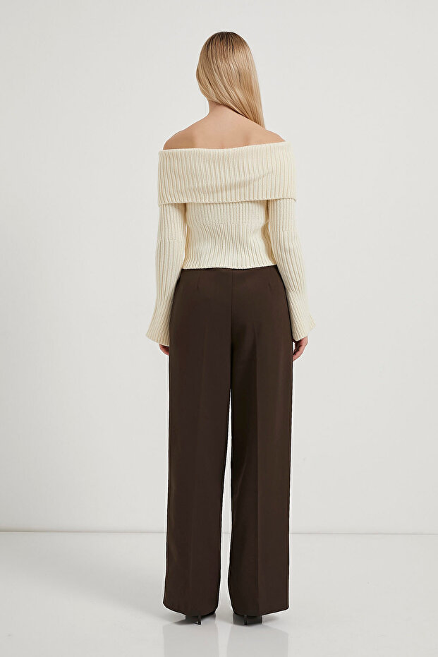 Kadın Devrik Yaka Yırtmaçlı Basic Krem Crop Hırka - 5