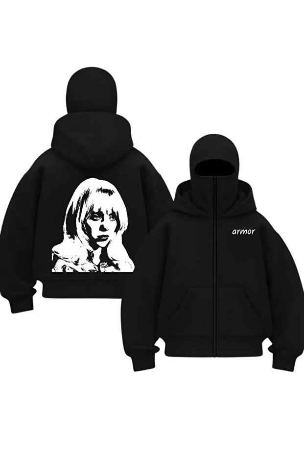Harajuku Black Unisex Balaclava Masked Billie Printed Oversize Cardigan
