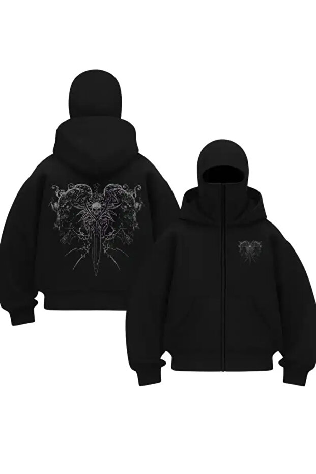 Harajuku Black Gothic Warrior Printed Balaclava Unisex Sweatshirt Cardigan