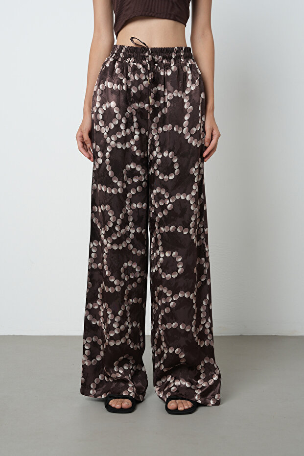 Women's Brown Patterned Wide Leg Elastic Waist Lace-Up Trousers