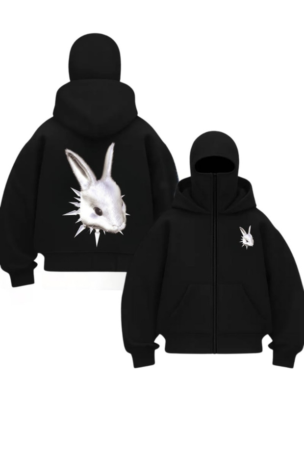 Harajuku Black Unisex Rabbit Printed Oversize Cardigan with Balaclava