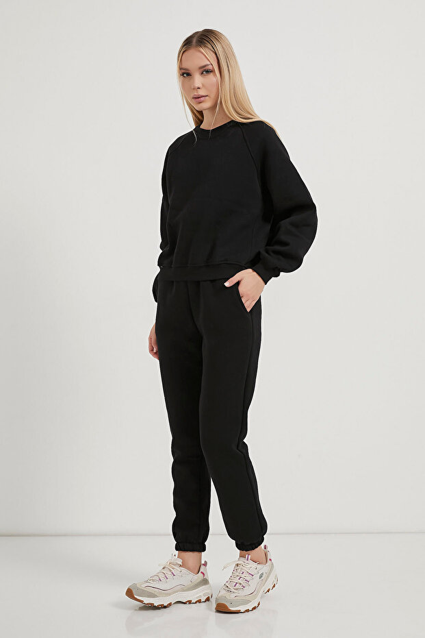 Kadın Biyeli Bisiklet Yaka Siyah Basic Sweatshirt - 2