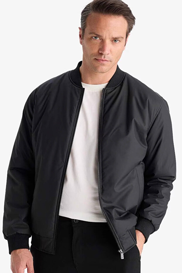 Slim Fit College Collar Zippered Waterproof Bomber Black Men's Jacket A3105Ax/Bk27