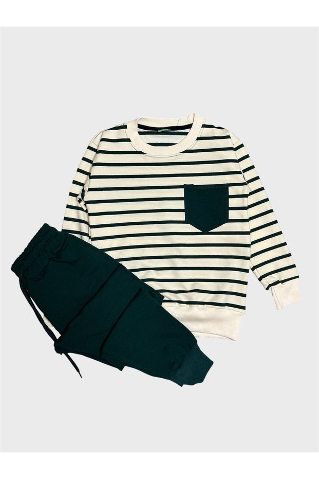Boys' Cotton Cream Green Striped Long Sleeve Tracksuit Set