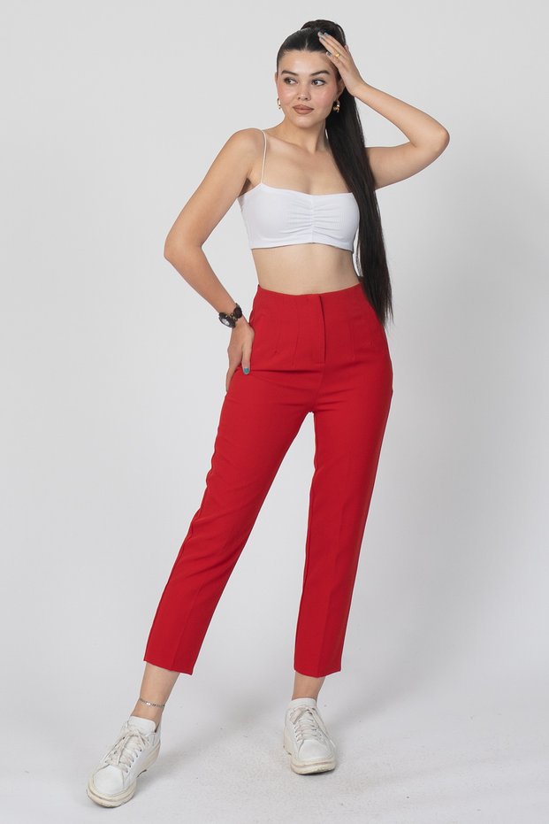 Women's Summer Red Trendy Model Pencil Detailed High Waist Fabric Trousers 30062