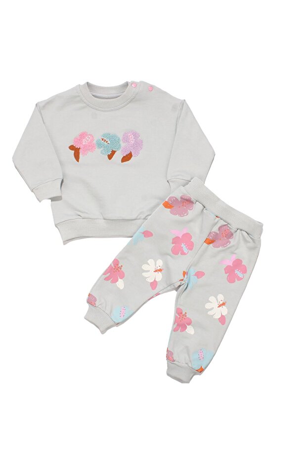 Baby Girl Gray Floral Embroidered 2-Piece Set