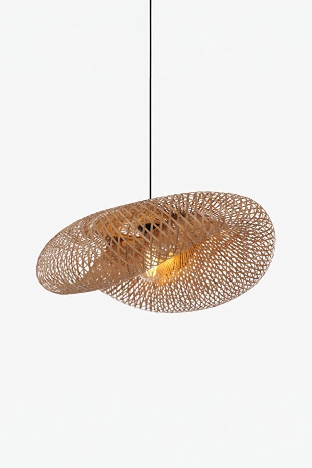 Doğal Bambu El Örmesi Avize, Elips Form Sarkıt, E27 Uyumlu, 60 cm - 1