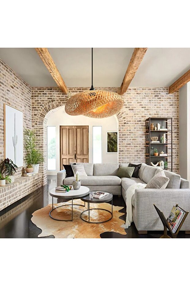 Doğal Bambu El Örmesi Avize, Elips Form Sarkıt, E27 Uyumlu, 60 cm - 4