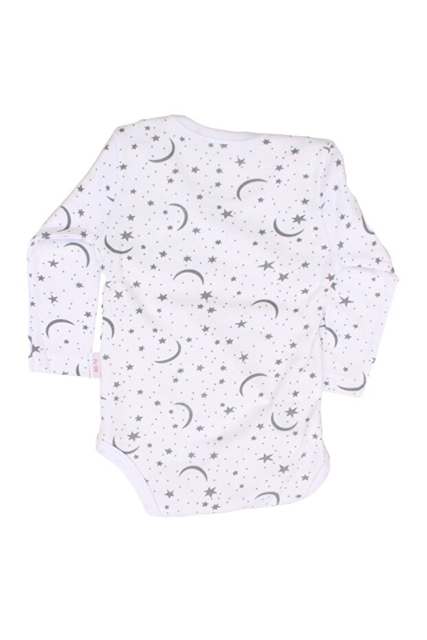 Unisex White Moon and Star Patterned Long Sleeve Snap-On Bodysuit