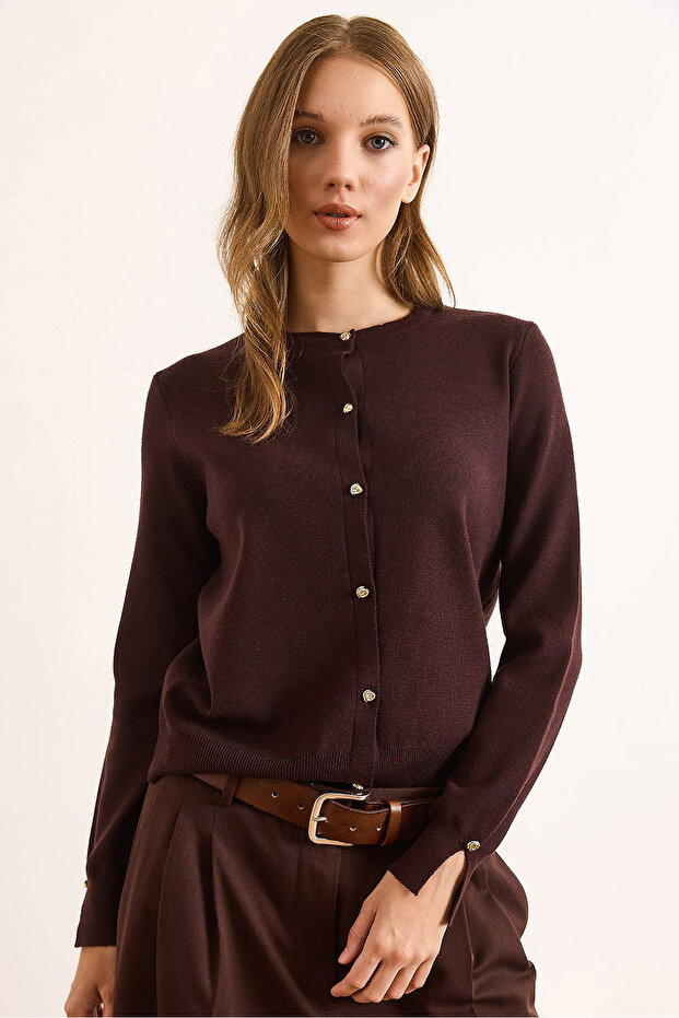 Women's Brown Gold Buttoned Soft Cardigan with Viscose Content Hrk-19000384