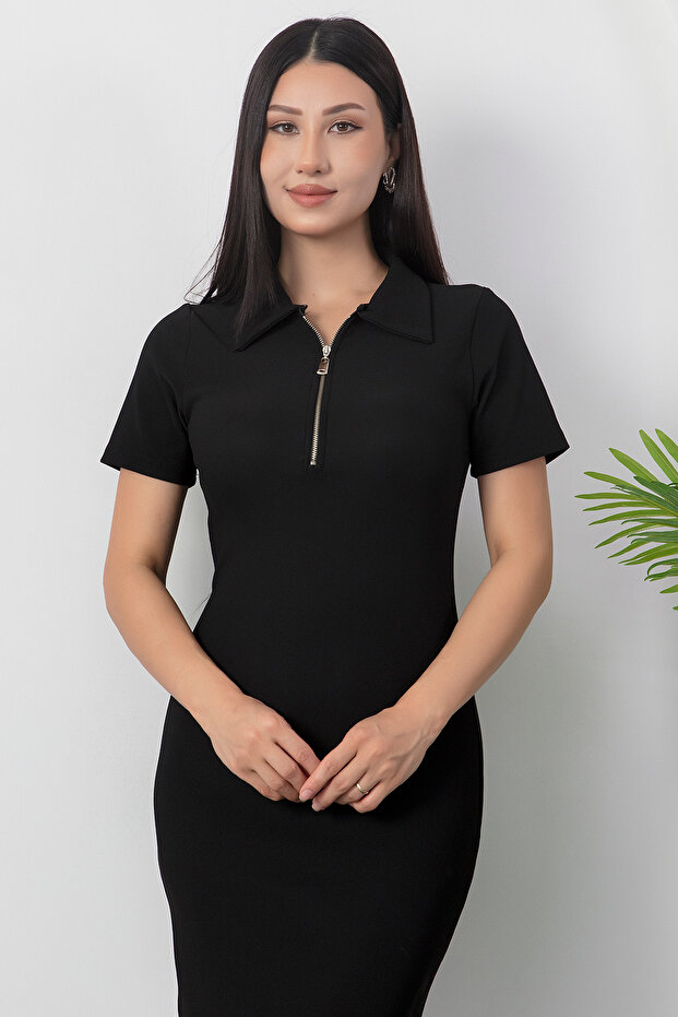 Yakalı Fermuarlı Kısa Kol Elbise ESP057 - 2