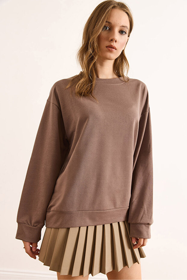 Women's Plain Camel Basic Soft Textured Loose Sweatshirt Swt-19000457