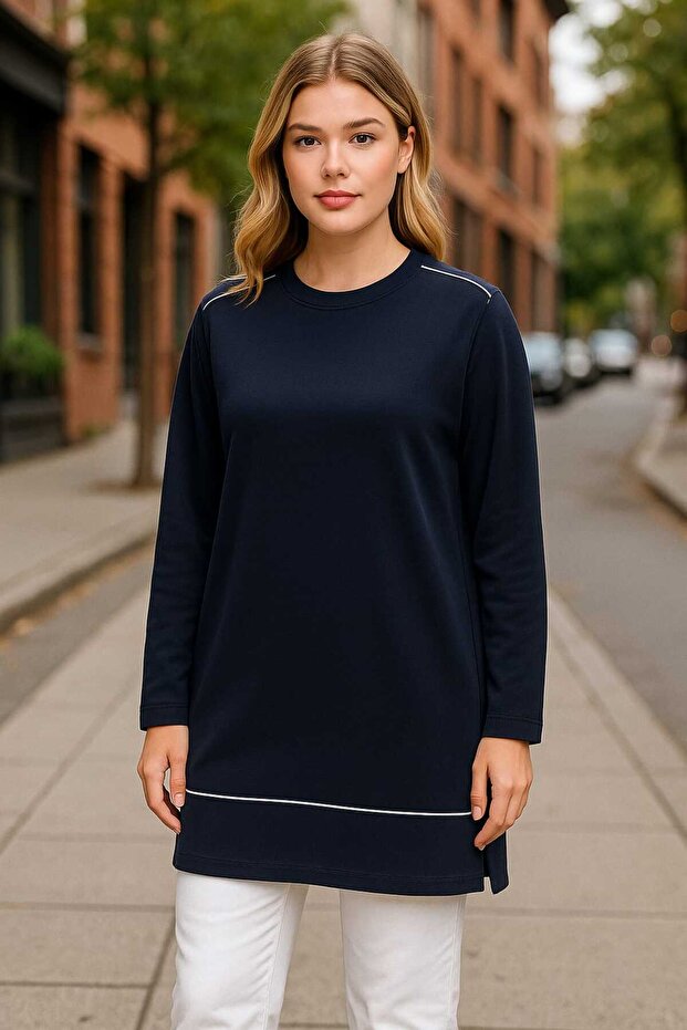 Women's Plus Size Navy Blue, Crew Neck, Shoulder and Front Piping Detail, Side Slit Sweatshirt 65N39148