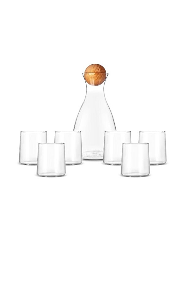 Borosilikat Cam Ahşap Top Kapaklı Camelia Karaf 2000 ml & 6 Adet Bardak Şeffaf - 1