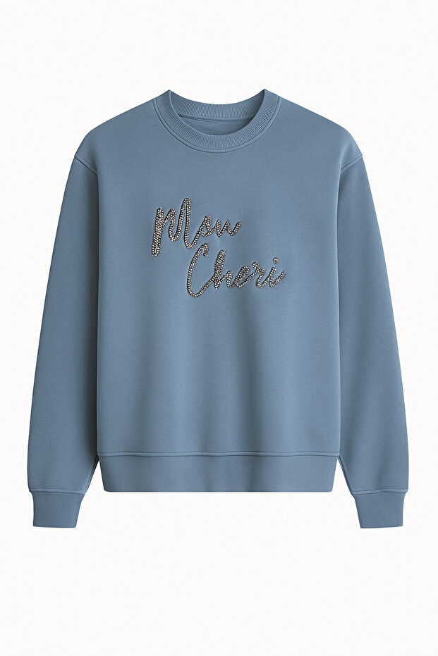 Women's Cotton Thick Winter Beaded Embroidered High Quality Ribbed Sleeve Sweatshirt