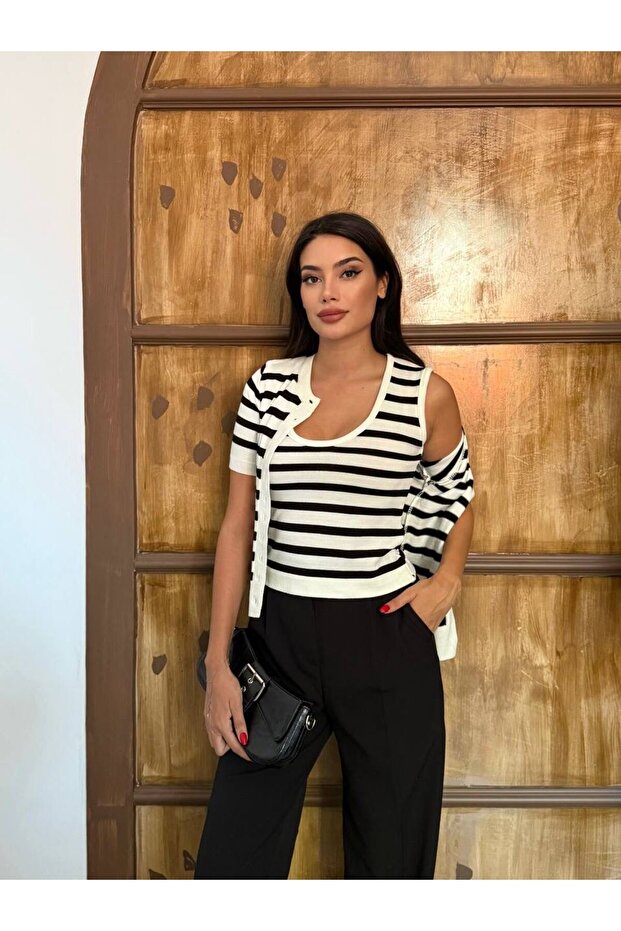 Striped Knitwear Tank Top Cardigan Set