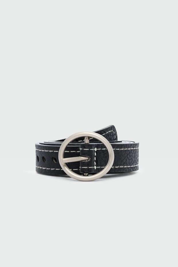 Round Buckle Perforated Faux Leather Belt Black