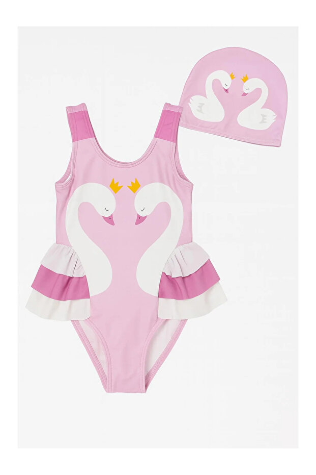 Swan print girl's bonnet swimsuit