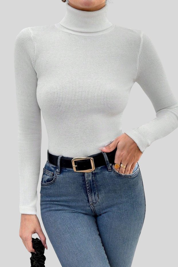 Women's White Turtleneck Long Sleeve Ribbed Blouse