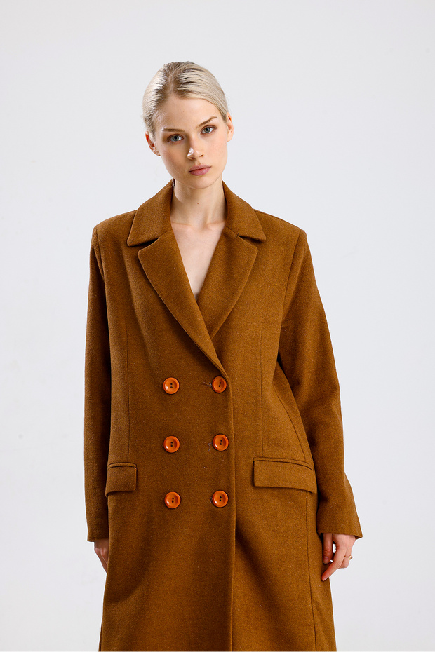 Lined Patterned Long Coat |   Kbn34176 Camel - 6