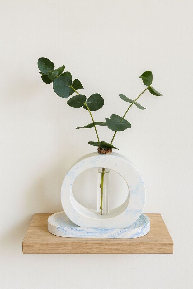 2'Li Tüplü Vazo Tepsi set Bohem Taş Tozu Mavi Mermer Desen - 1