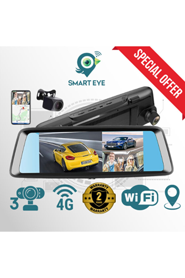 داش كام بثلاث كاميرات امامية وداخلية وخلفية مع مرآة كاميرا لوحة القيادة الذكية Smart Eye 4G
