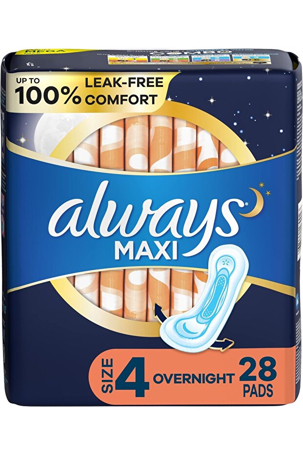Maxi Feminine Pads for Women, Size 4, Overnight Absorbency, Unscented, 28 Count