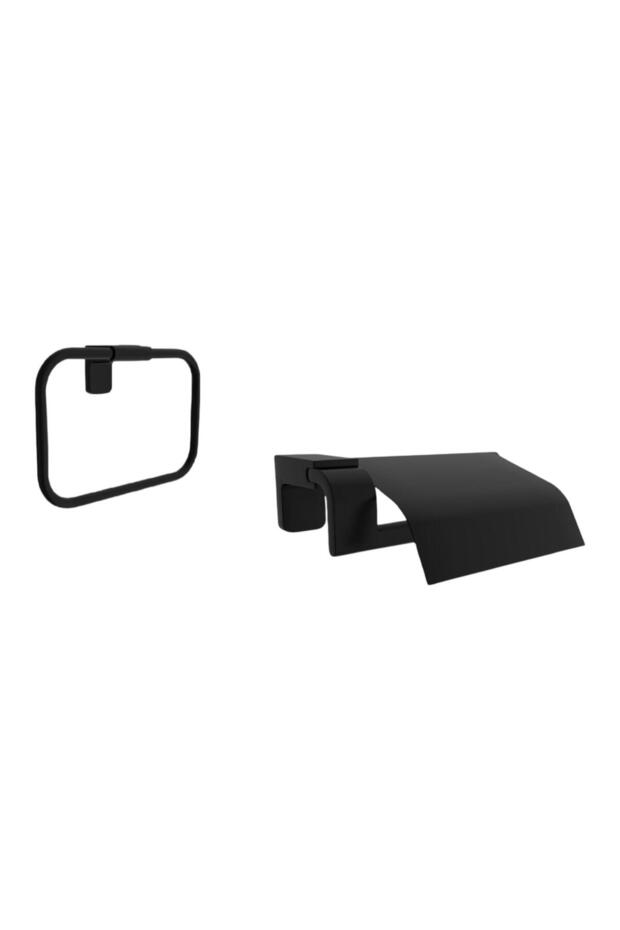 F1 Series Black Stainless Square Towel Holder and Toilet Paper Holder with Lid Bathroom Set