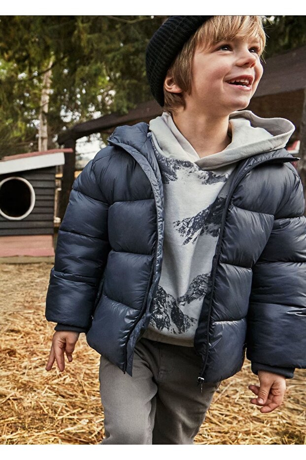 Boy's Hooded Padded Shiny Fabric Coat 4416 Navy Blue