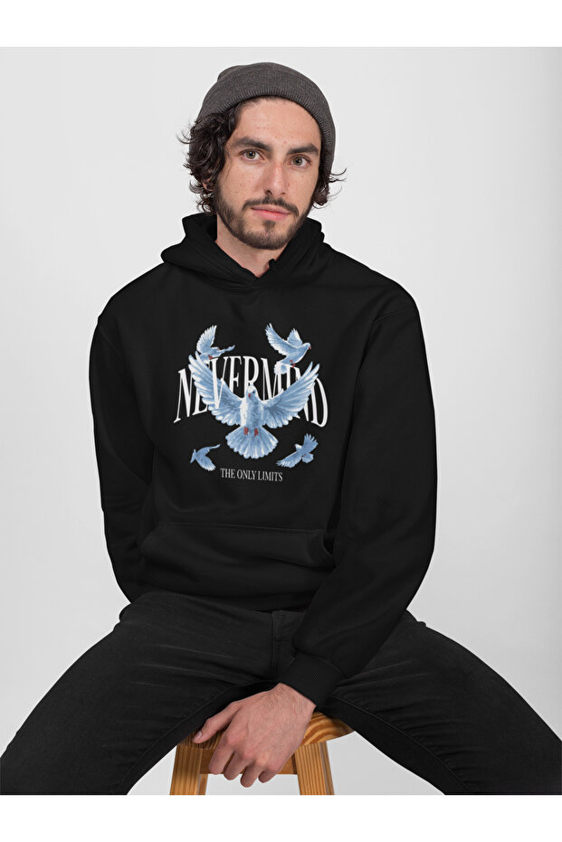 Bird Design Hooded Sweatshirt - Unisex Oversize Hoodie Black