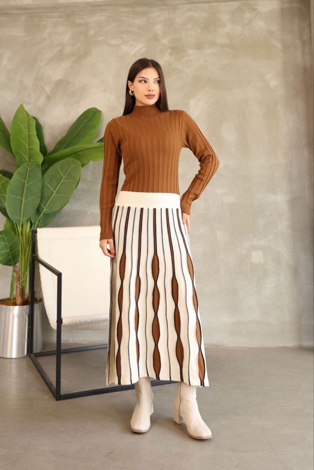 Women's Brown High-Neck Skirt-Looking One-Piece Patterned Knitwear Dress