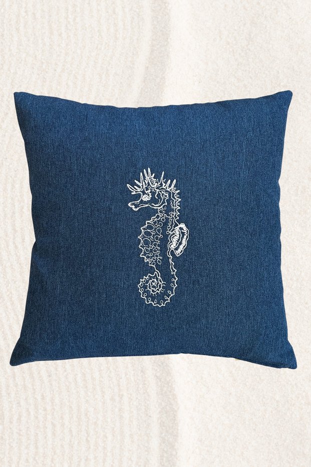 Sea-Themed Seahorse Patterned Throw Pillow Cover – Navy Blue Throw Pillow Cover – Embroidered Throw Pillow Cover
